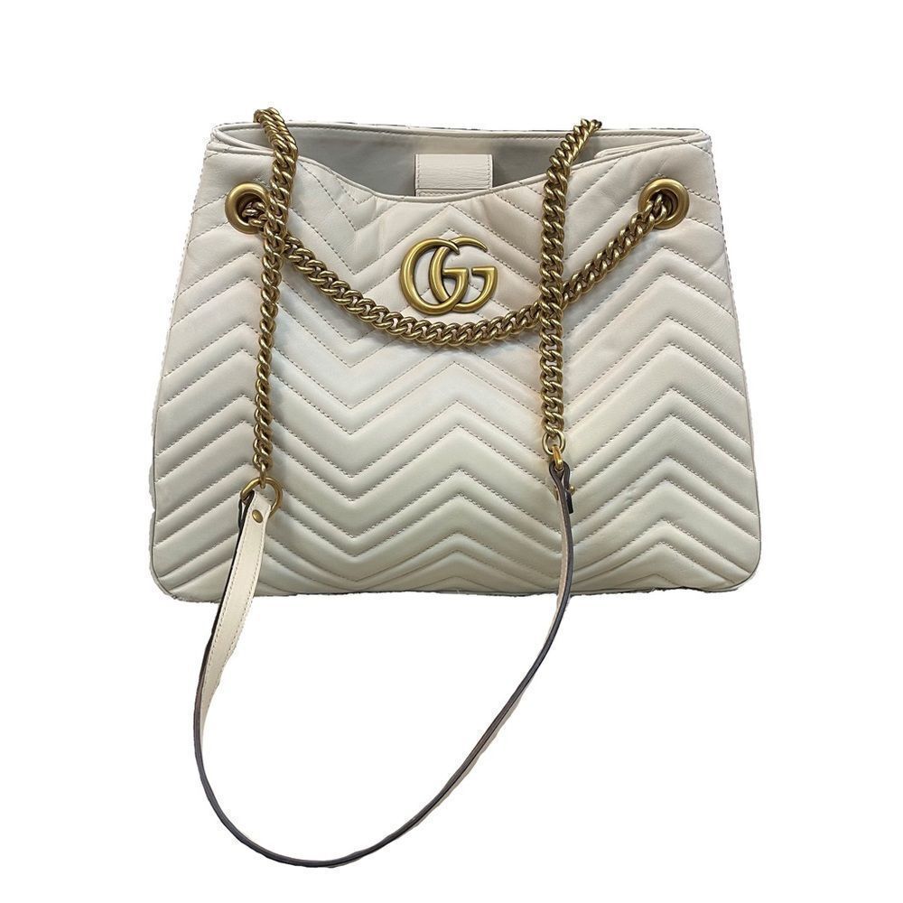 Gucci Marmont Chevron Leather Bag Ivory w/ Antique Gold Hardware and Chain Strap